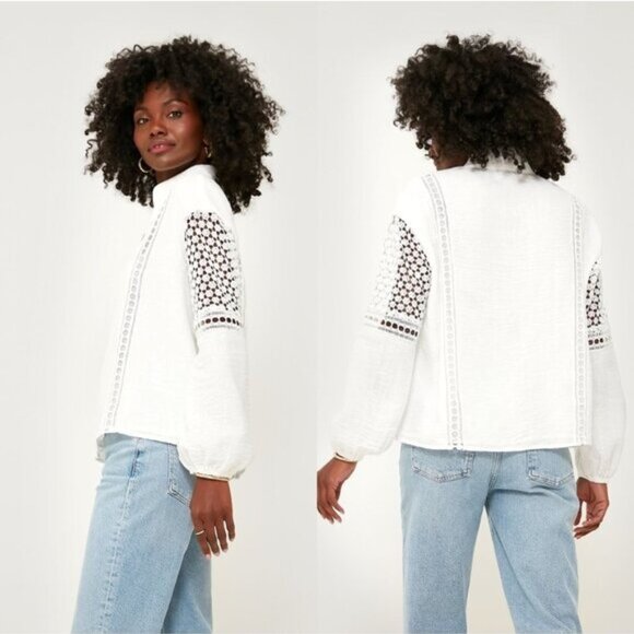 Tuckernuck NEW White Eyelet Jane Long Sleeve Coastal Bohemian Blouse Size M - Picture 2 of 7